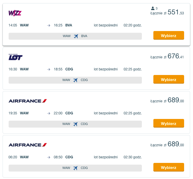 Przykładowe ceny biletów lotniczych - goeuro.pl